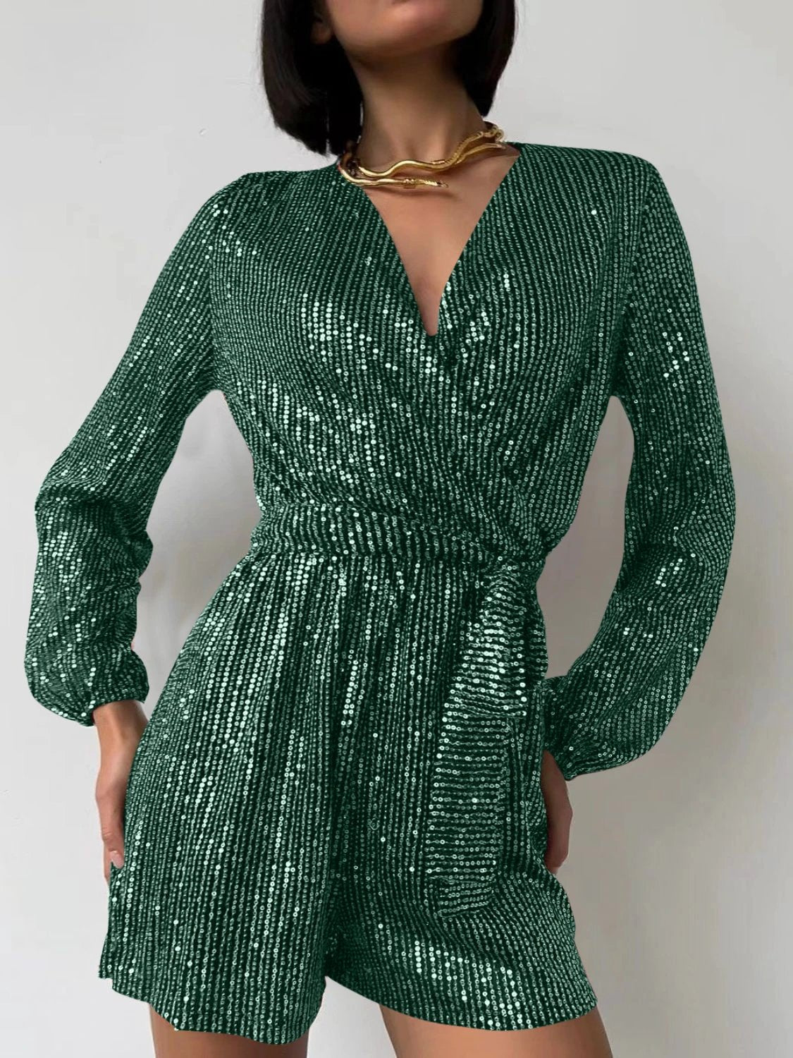 Full Size Sequin Surplice Tie Waist Long Sleeve Romper by Lady Ros