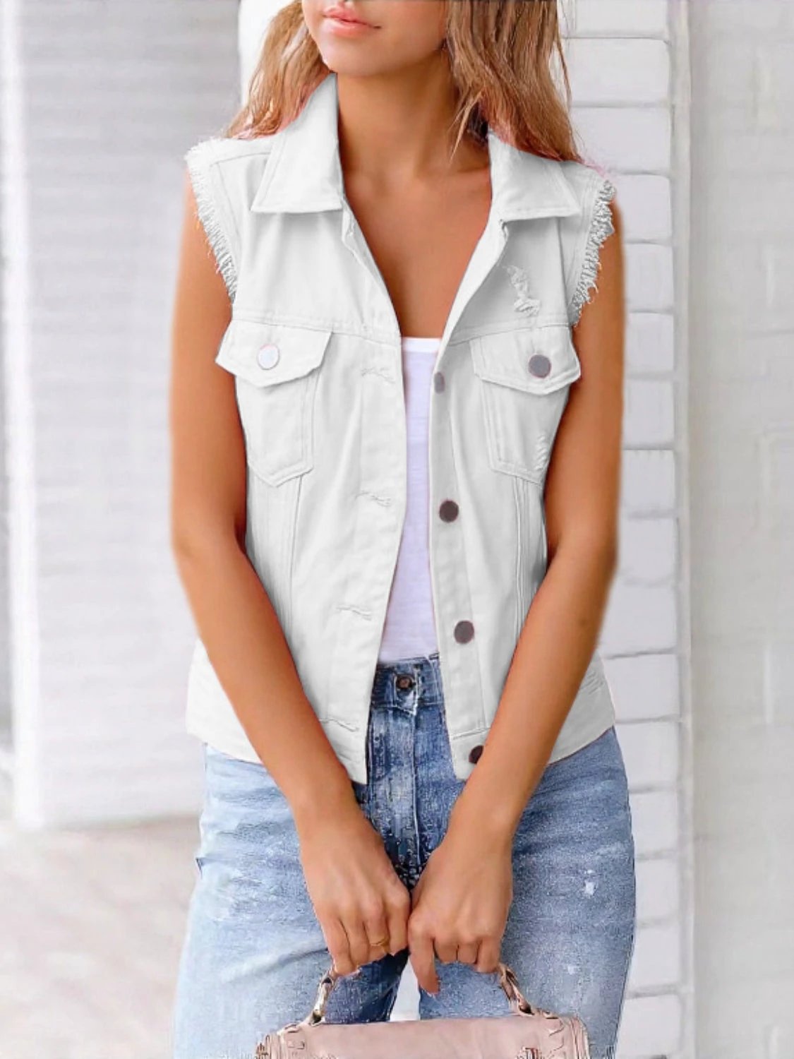 Full Size Button Down Raw Hem Sleeveless Denim Jacket Plus Size by Lady Ros
