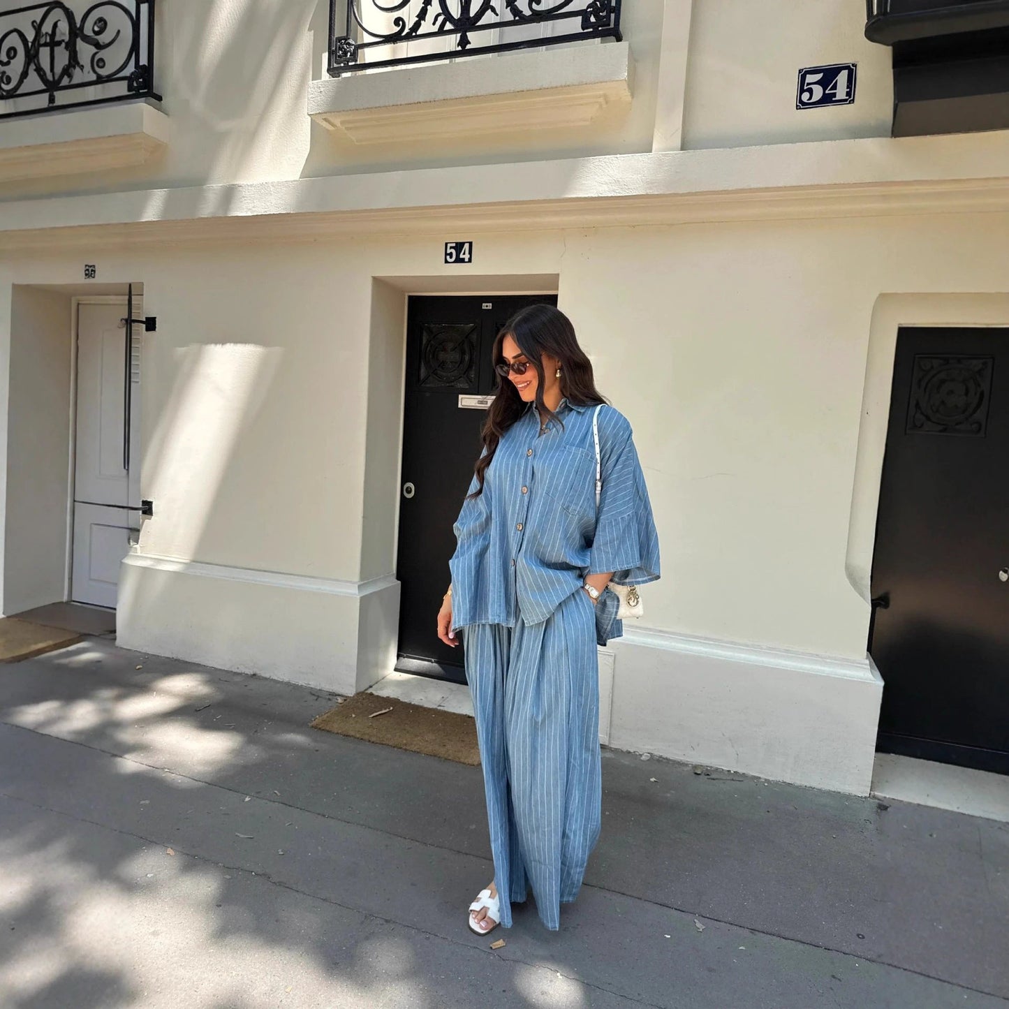 Casual Striped Shirt Wide Leg Pants Suit by GJG Denim