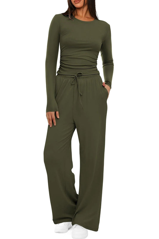 2 Pieces Women's Suit Autumn Winte Long Sleeve Tops High Waisted Wide Leg Pants Sportswear Female Clothes Solid Color Casual Suit by GJG Denim
