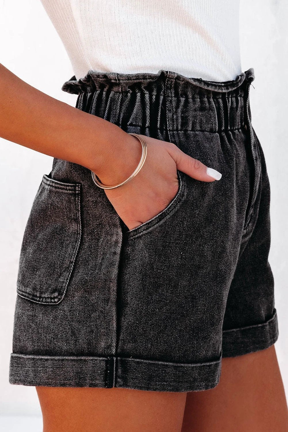 Paperbag Waist Denim Shorts with Pockets by Lady Ros