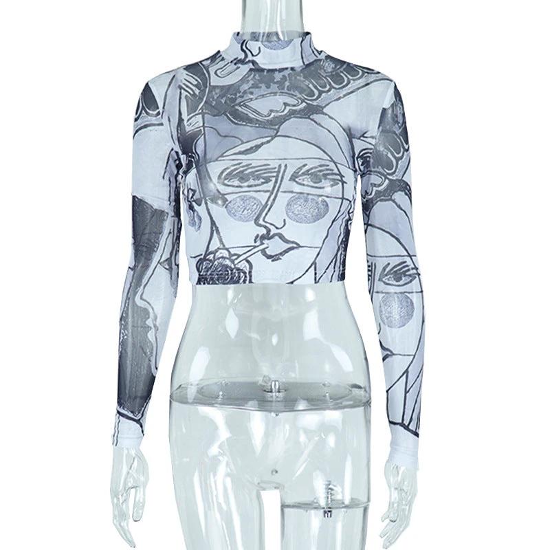 Sheer Mesh Round Neck Long Sleeve Slim-fit Top by GJG Denim
