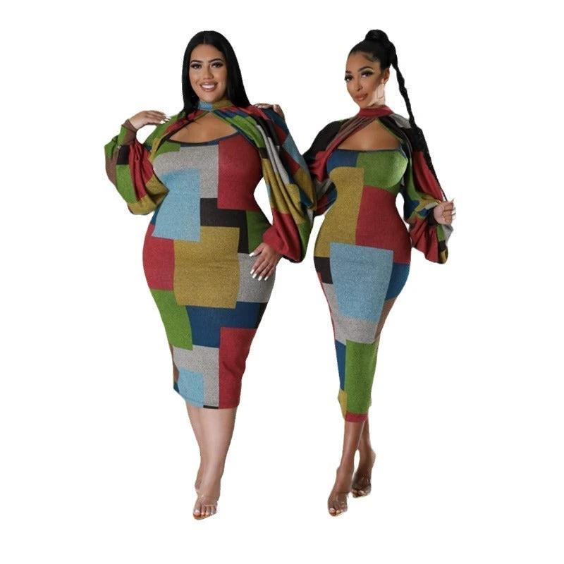 New Fashion Stitching Printing Color Contrast Long Sleeve Plus Size Dress by GJG Denim