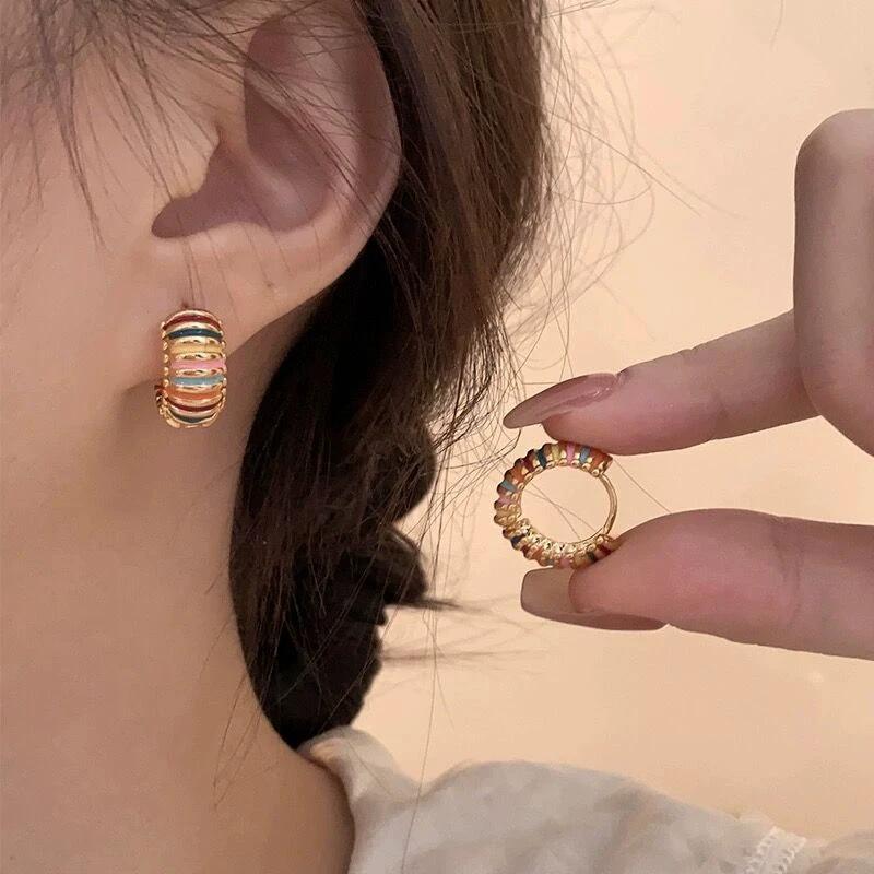 Retro Colorful Stripes Hoop Earrings Elegant Women's Light Luxury High-end Sense by GJG Denim