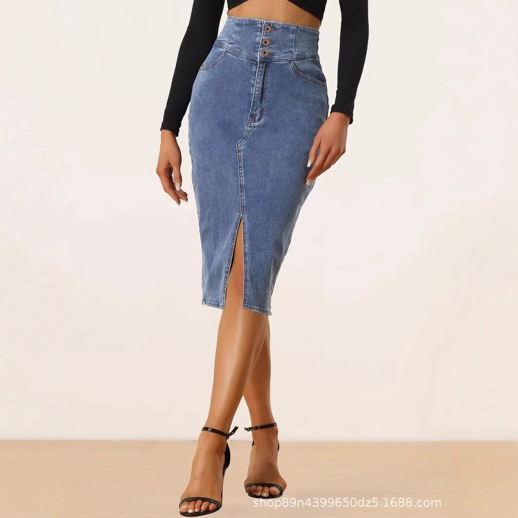 Womens High-Waisted Irregular New Denim Skirt by GJG Denim