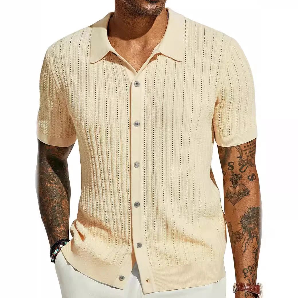 Summer Cool Knitted Men's Shirt Short Sleeved Lapel Solid Color by GJG Denim