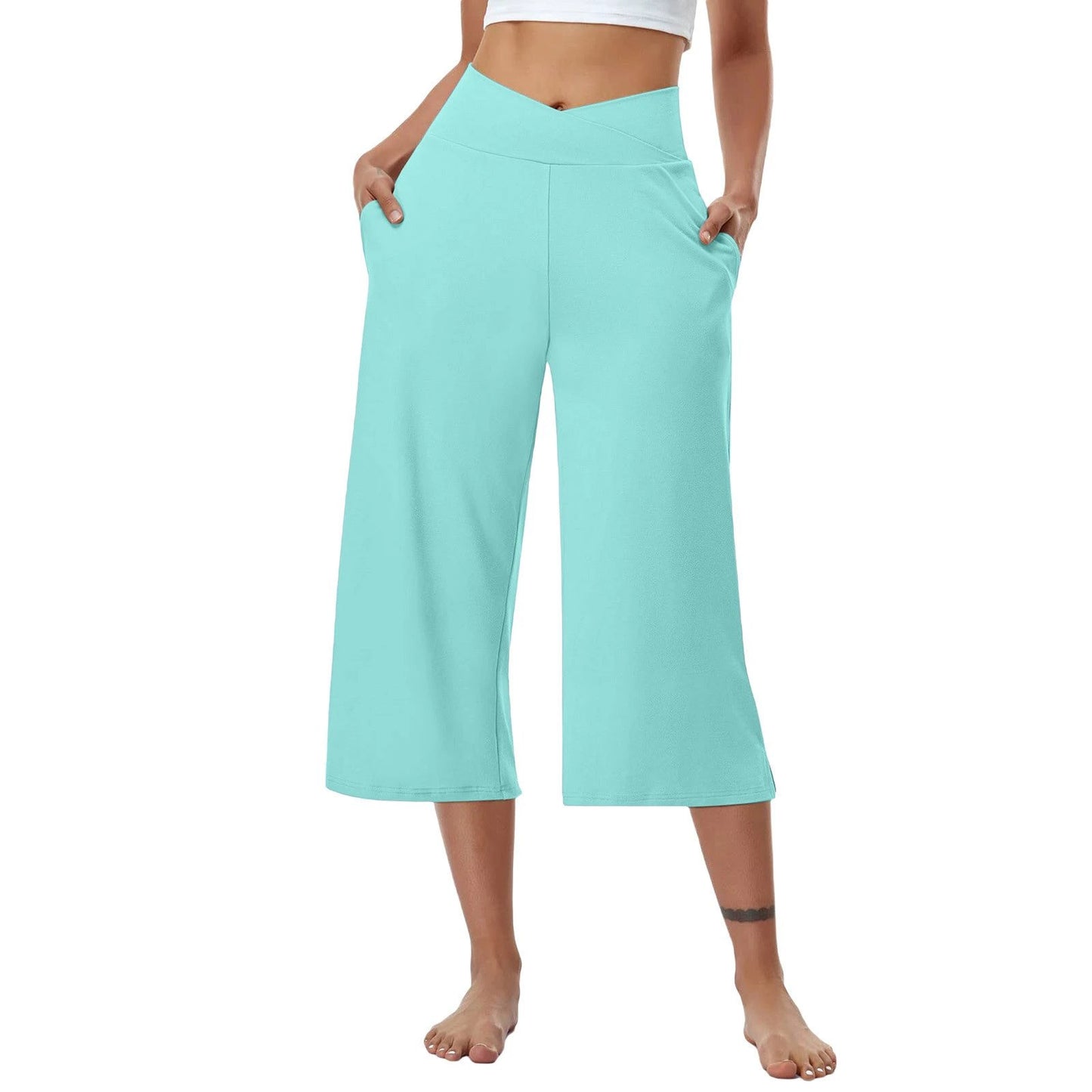 High-Waist Butt-Lifting V-Shaped Waist Wide-Leg Fitness Running Cropped Pants by GJG Denim
