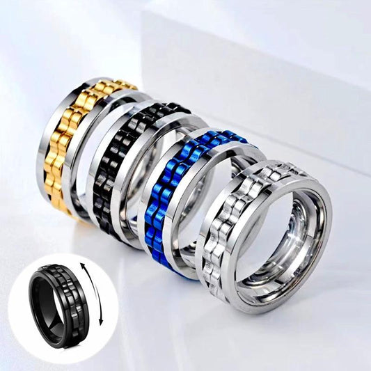 Men's Titanium Spinner Square Texture Polished Stainless Steel Gear Rotating Anxiety Fidget Rings by GJG Denim