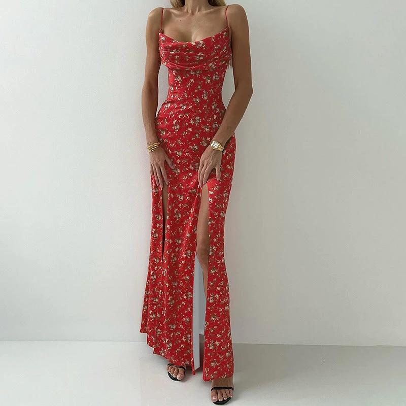 Women's Printed High Waist Slit Off-neck Dress by GJG Denim