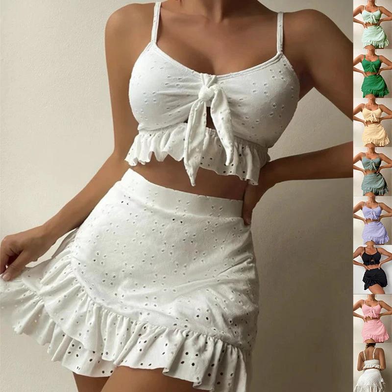 3pcs Beach Bikini With Hip-hugging Skirt Fashion Ruffle Design Swimsuit Set Summer Womens Clothing by GJG Denim