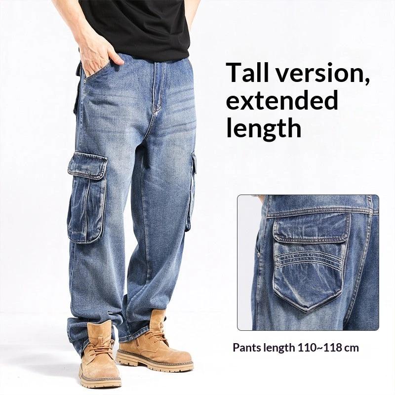 Tall Plus-size Stylish Wide-leg Jeans With Multiple Pockets For Men by GJG Denim