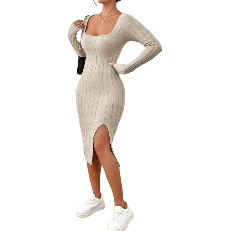 Square Collar Long Sleeve Knitted Dress Women by GJG Denim