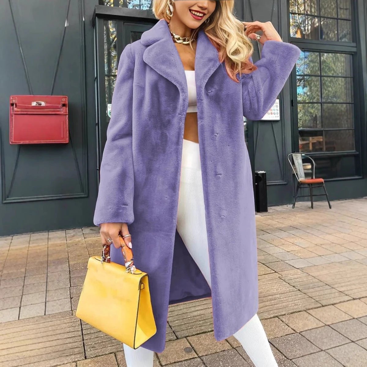 Women's Fashionable Elegant Lace-up Turn-down Collar Plush Long Coat by GJG Denim