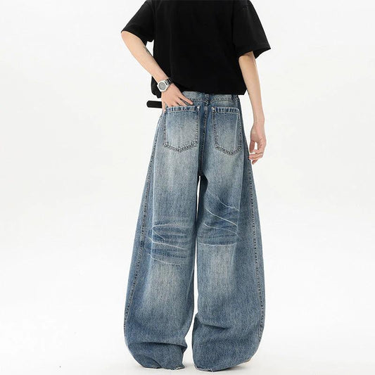 Retro Blue Denim Men's Loose Wide-leg Pants by GJG Denim