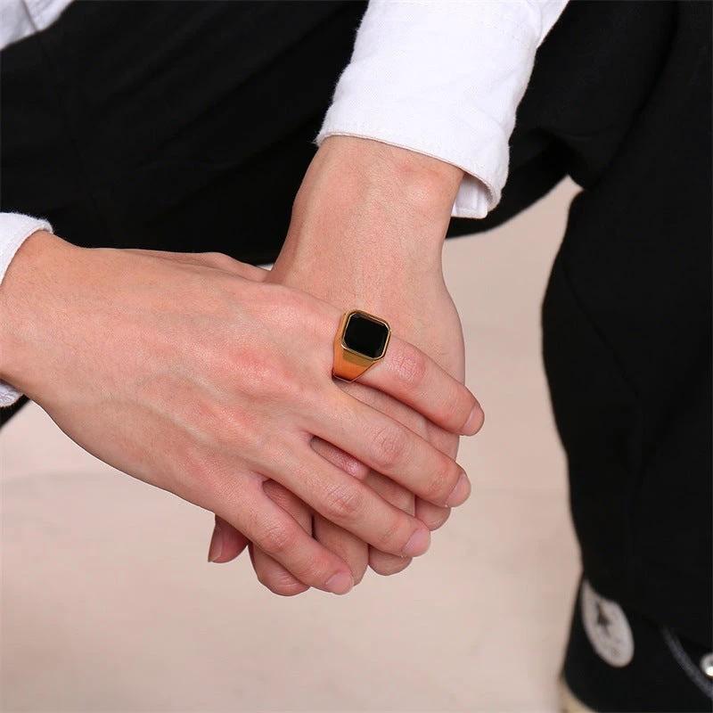 Men's Stainless Steel Black Agate Ring by GJG Denim
