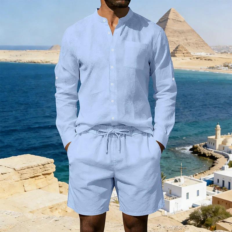 Men's Casual Linen Shirt And Shorts Set by GJG Denim