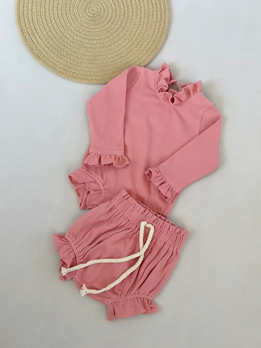 Rib Cotton Short Sleeve Wooden Ear Rompers Jumpsuit by GJG Denim