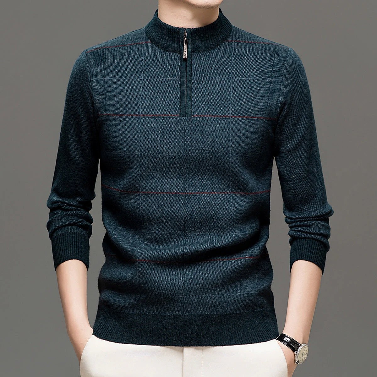 Men's Stylish Plaid Quarter-zip Knit Sweater by GJG Denim