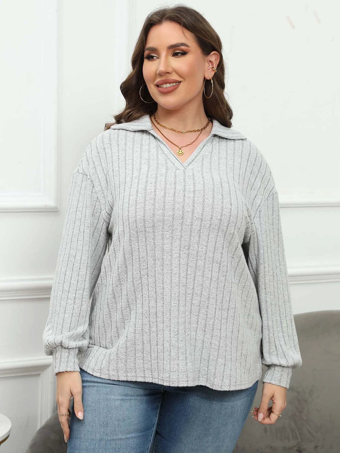 Plus Size Ribbed Collared Neck Long Sleeve Blouse by Lady Ros