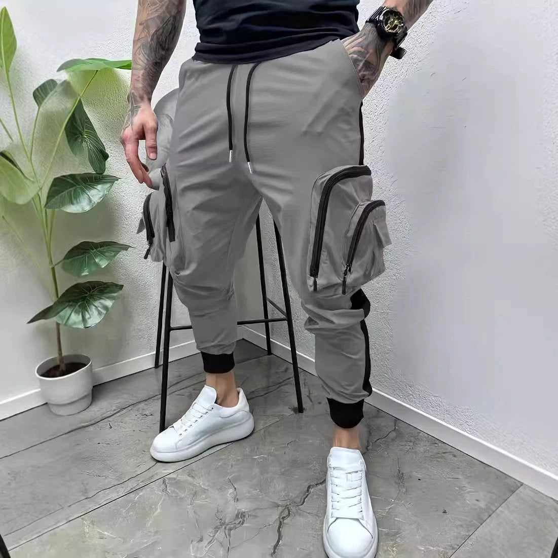 Casual Zipper Multi-pocket Color Matching Tapered Pants For Men by GJG Denim