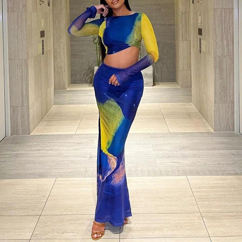 Printed Long Bell Sleeve top and long Skirt Set by GJG Denim