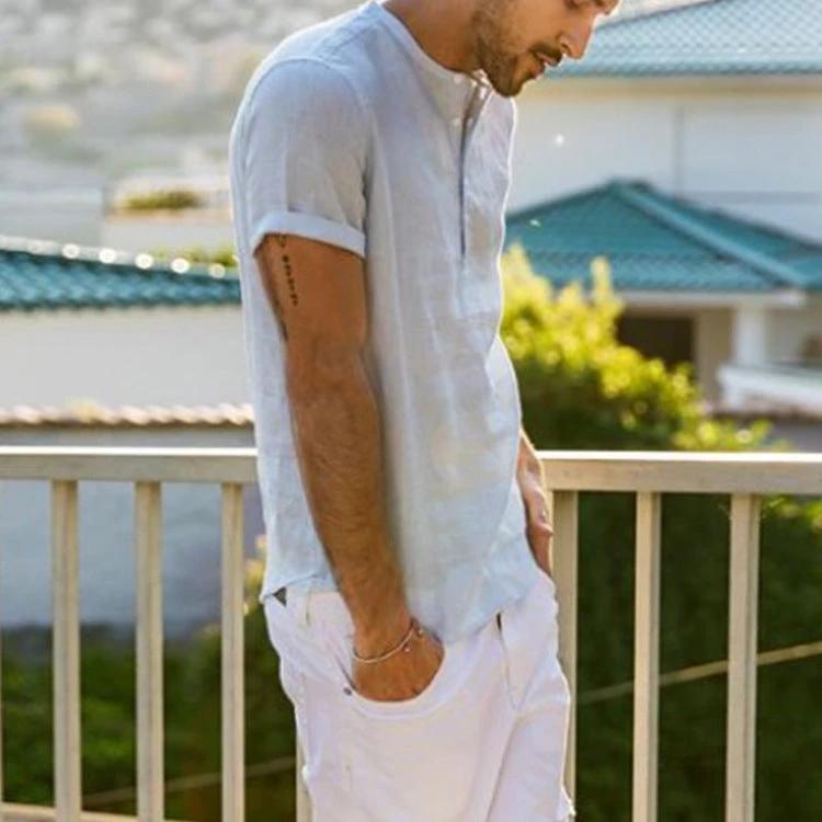Men's Stand Collar Cotton Linen Short Sleeve Shirt by GJG Denim