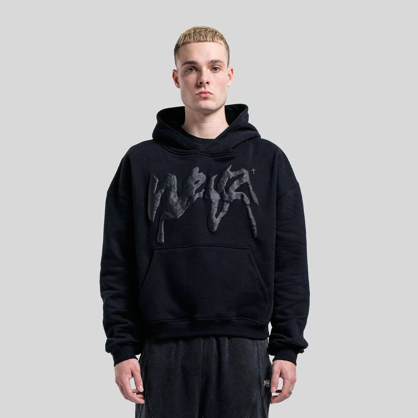 Hip Hop Letters Puff Print Hooded Top Autumn And Winter Personalized Long Sleeve Men's And Women's Pullover Sweater by GJG Denim