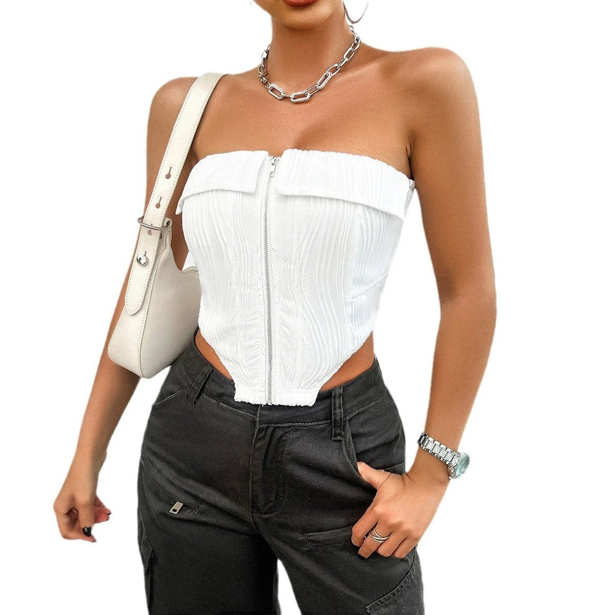 SpringSummer Temperament Pure Color Slim-fit Zipper Tube Top by GJG Denim