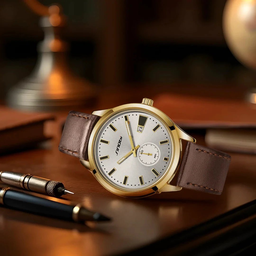 Men's Casual Leather Strap Business Quartz Watch by GJG Denim