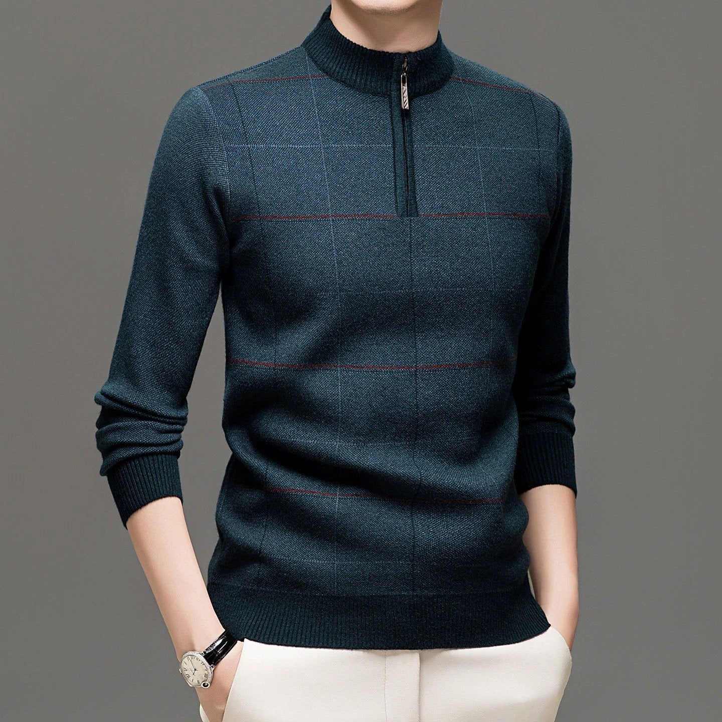 Men's Stylish Plaid Quarter-zip Knit Sweater by GJG Denim