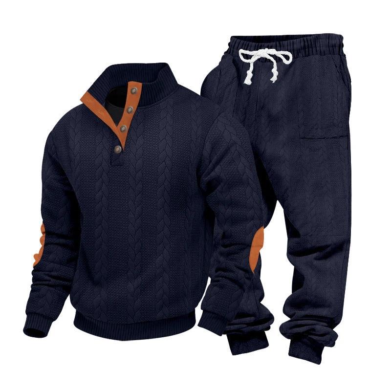 Men's Loose Stand Collar Henley Sweatshirt Casual Pants Set by GJG Denim