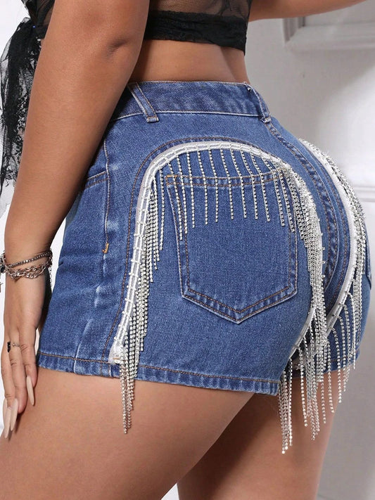 Fringe Back Denim Shorts with Pockets by Lady Ros