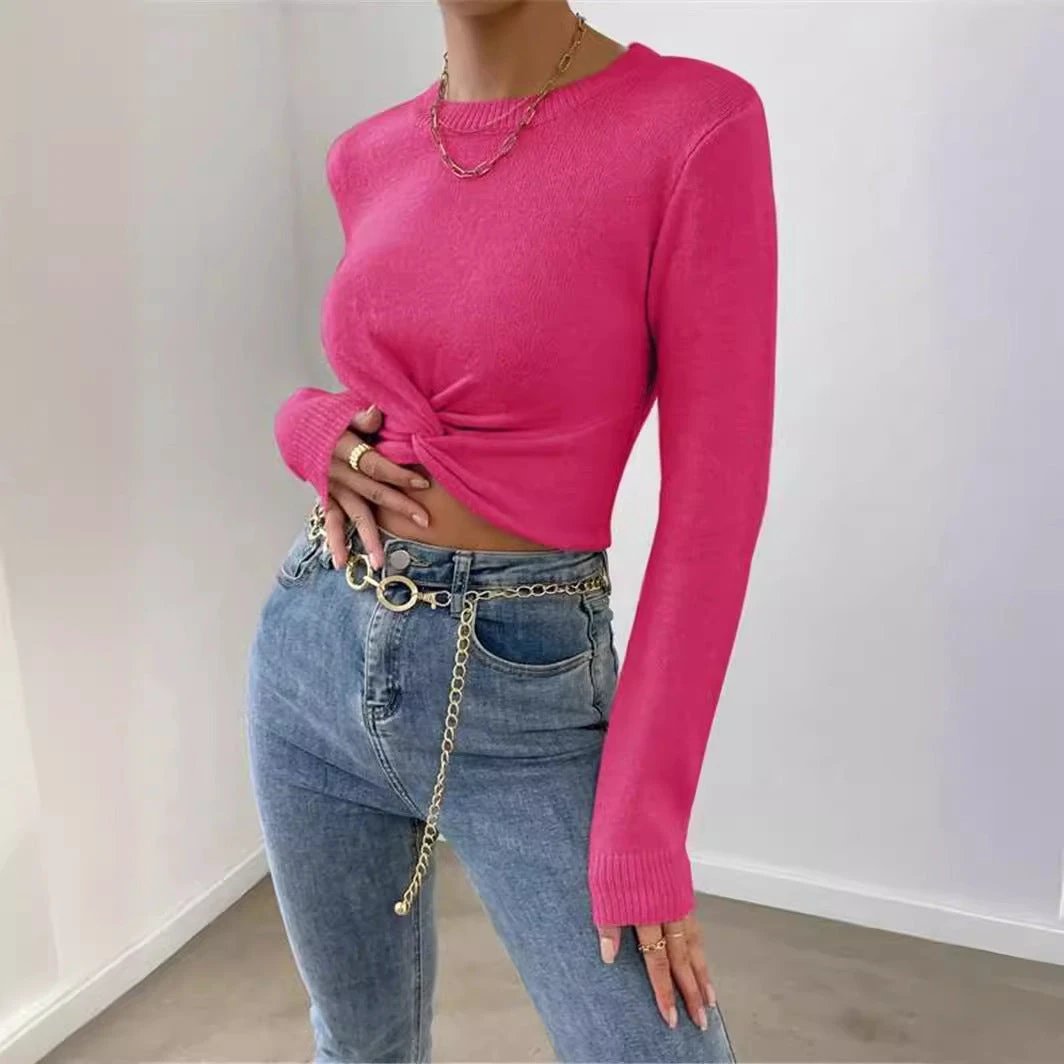 Round Neck Design Cross Knitted Top Sweater For Women by GJG Denim