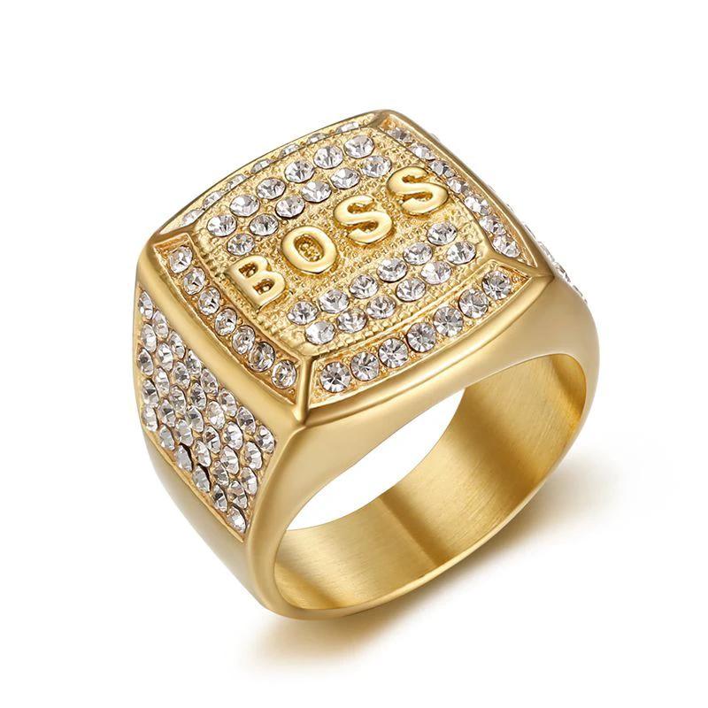 Titanium Steel Vacuum Plating Rhinestone Square "BOSS" Letter Men's Ring by GJG Denim