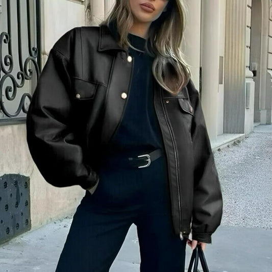 Women's Leather Jacket Loose Long Sleeve Lapel Motorcycle Jacket by GJG Denim