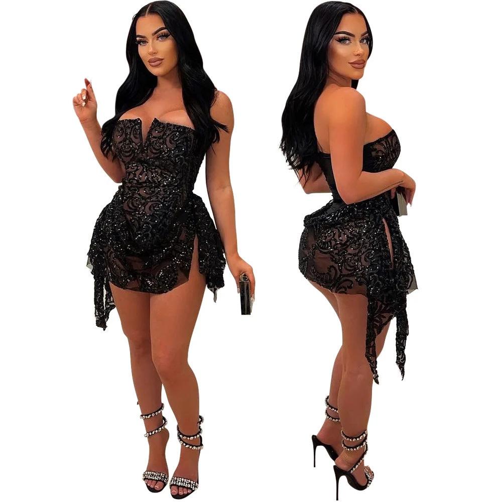 European And American Sexy V-neck Tube Top See-through Sequins Dress Women by GJG Denim