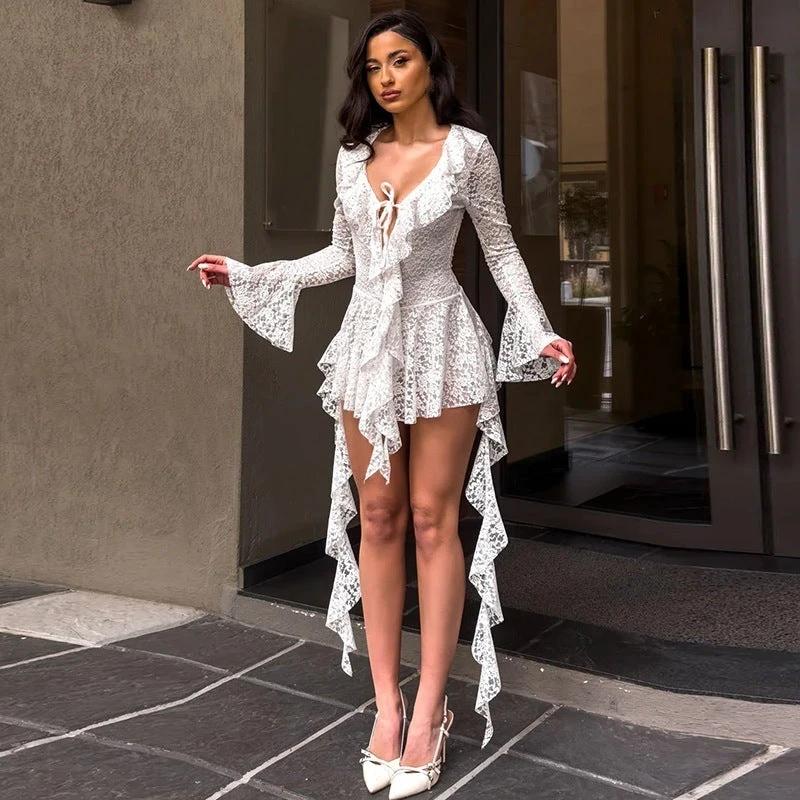 Lace-up Deep V Micro-cut Sleeve Tight-fitting Cinched Lace Dress by GJG Denim
