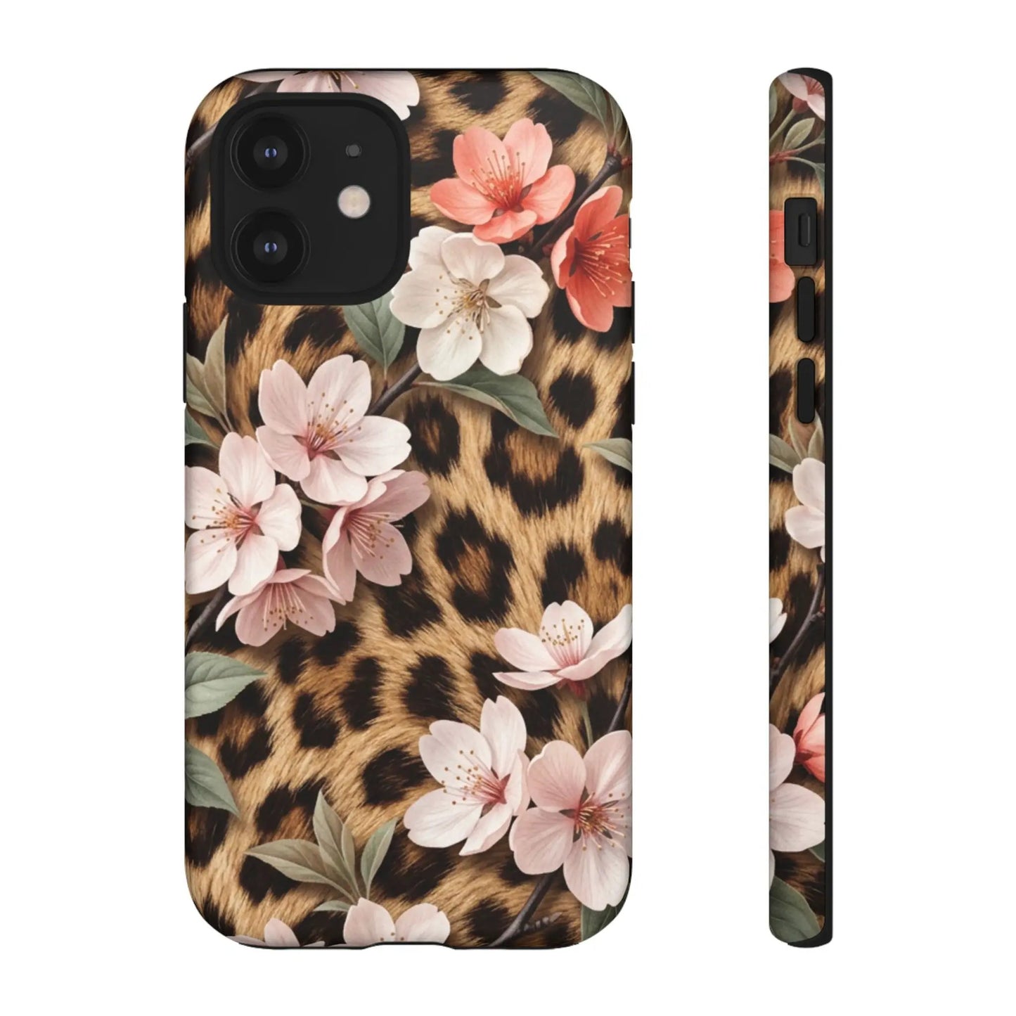 Leopard Floral Tough Case — Protective Phone Case with Pink Cherry Blossoms by Printify