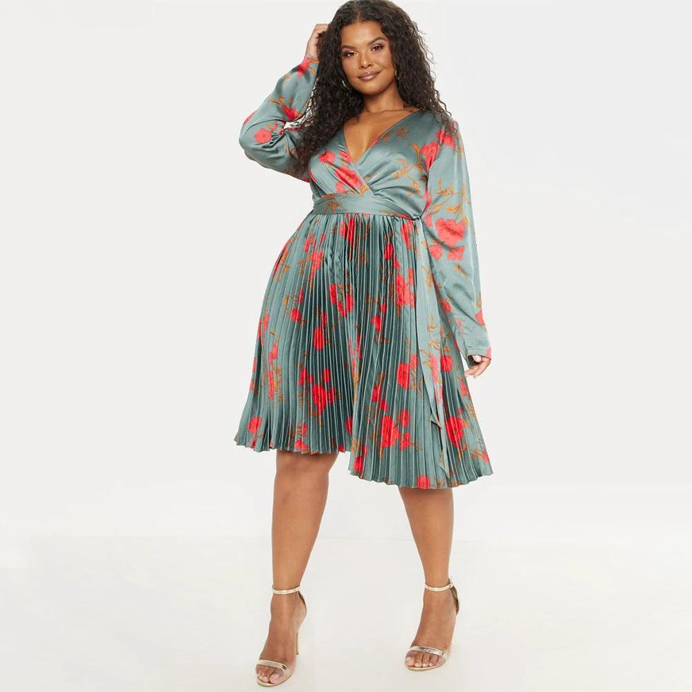 Deep V-neck Pleated Temperament Dress Women by GJG Denim