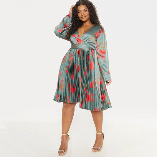 Deep V-neck Pleated Temperament Dress Women by GJG Denim