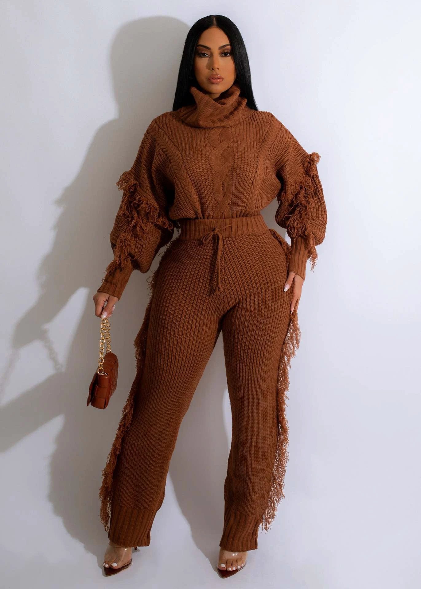 Casual Solid Color Knitted Long Sleeve Turtleneck Tassel Suit by GJG Denim