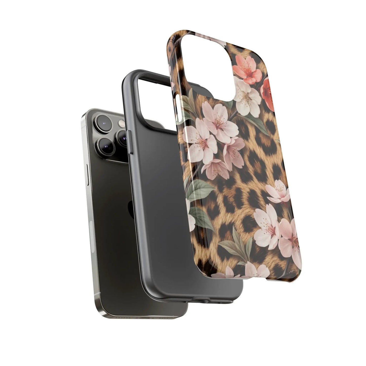 Leopard Floral Tough Case — Protective Phone Case with Pink Cherry Blossoms by Printify