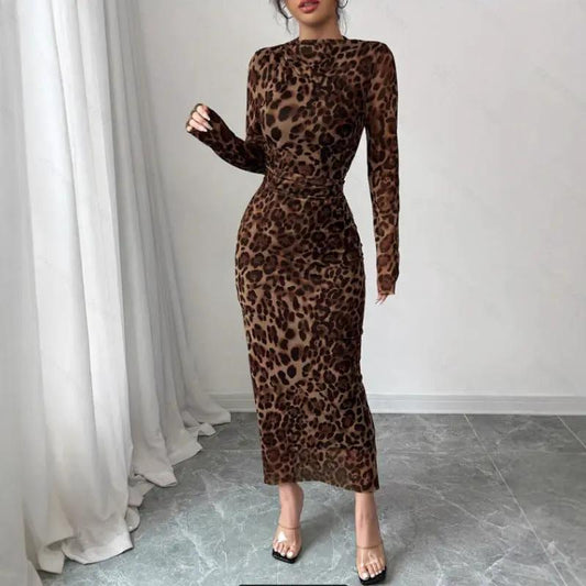 European And American Leopard-Print Fashion Long-Sleeve Dress by GJG Denim