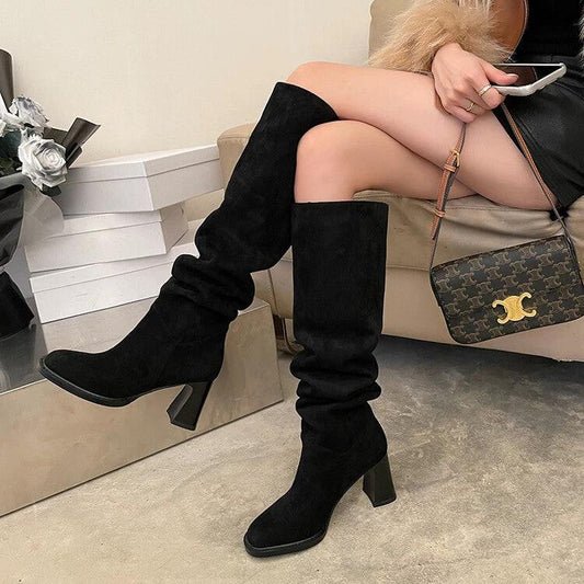 High Leg Boot High Heel Riding Boots Square Head Small Thick Leg Length by GJG Denim
