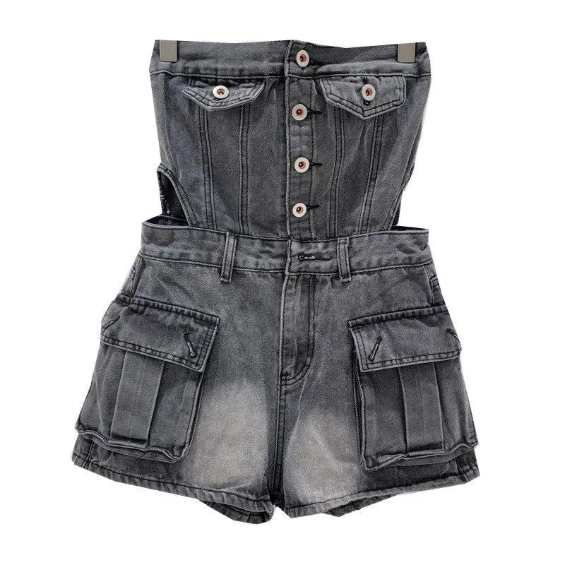 Hot Girl Breasted Hollow-out Midriff Tube Top Cowboy Siamese Shorts For Women by GJG Denim