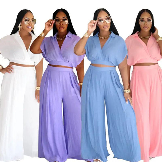 Solid-color Lapel Fashionable Loose-fitting Womens Set by GJG Denim