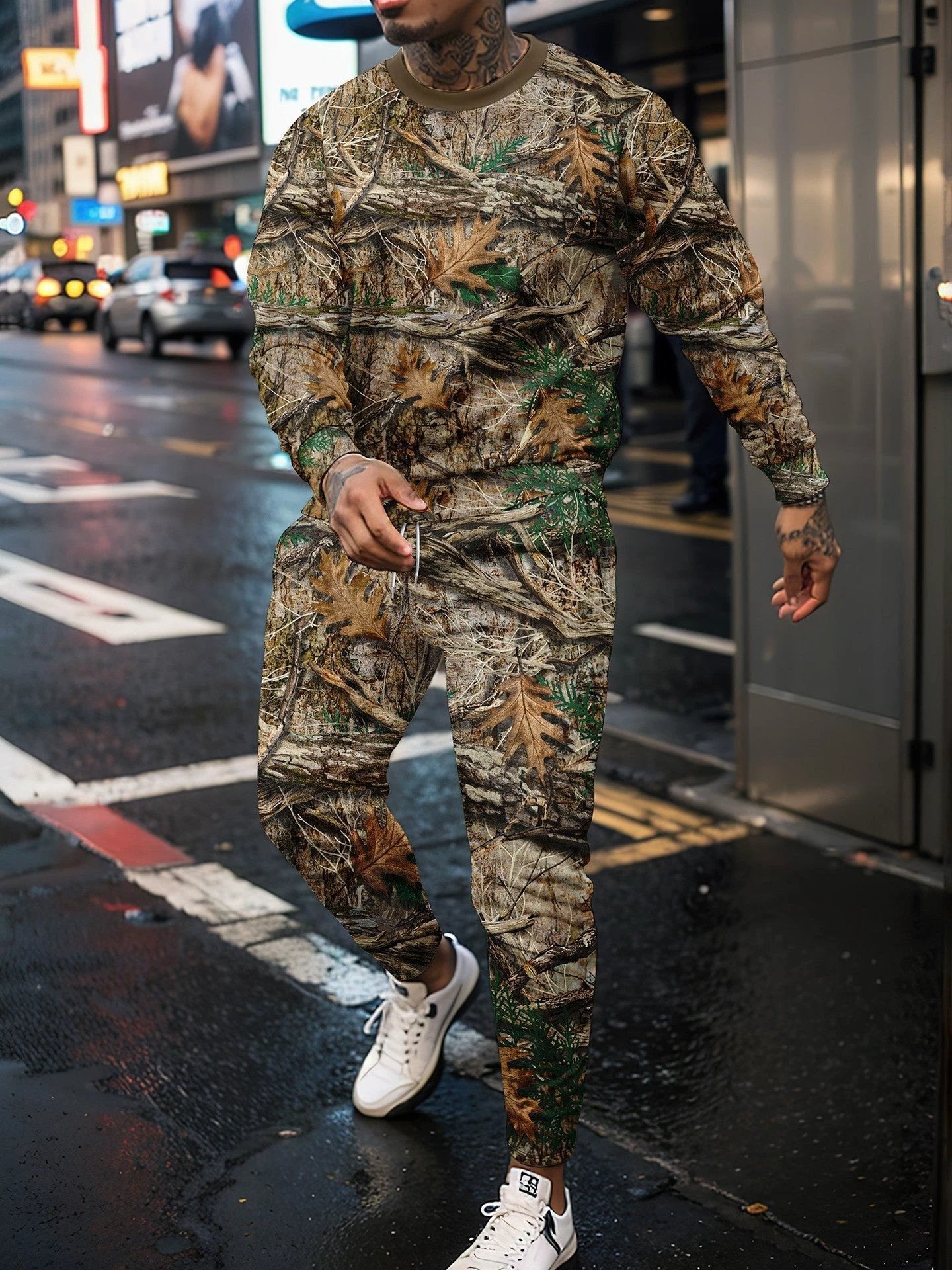 Round Neck Sweater Jungle Camouflage Sportswear Long Sleeve Two-piece Pants by GJG Denim