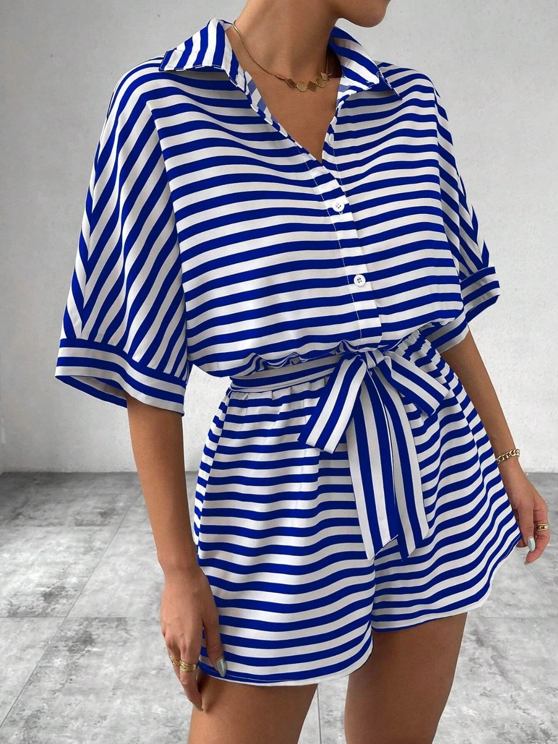 Tie Waist Half Button Striped Romper by VYSN