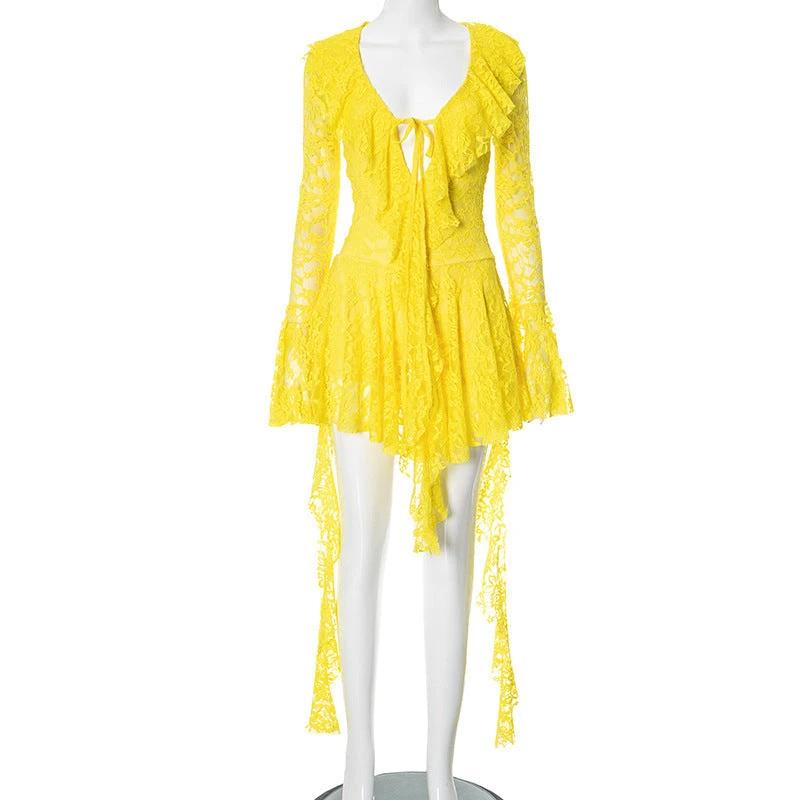 Lace-up Deep V Micro-cut Sleeve Tight-fitting Cinched Lace Dress by GJG Denim