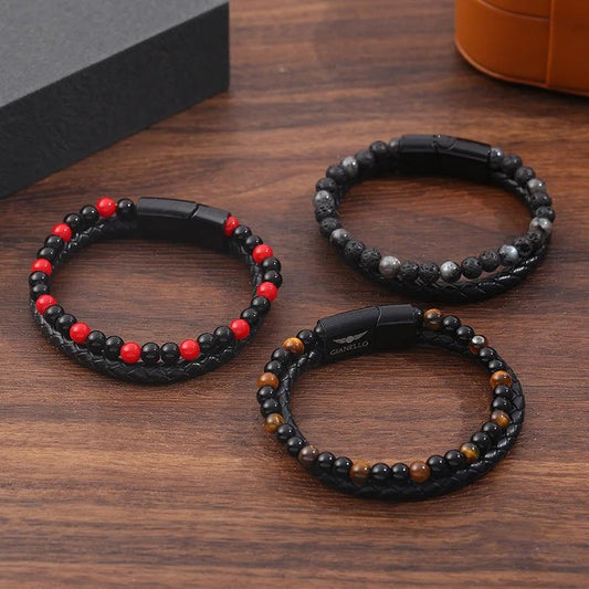 Men's Hand-woven Natural Tigereye Leather Beaded Bracelet by GJG Denim